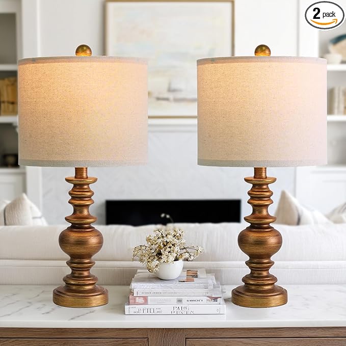 BOBOMOMO 20" Antique Gold Table Lamps Set of 2 – Handcrafted Vintage Bedside Lamps with Linen Shades, Elegant Farmhouse Lamps for Bedroom, Living Room, or Entryway – Perfect for Compact Spaces - Bloomnest