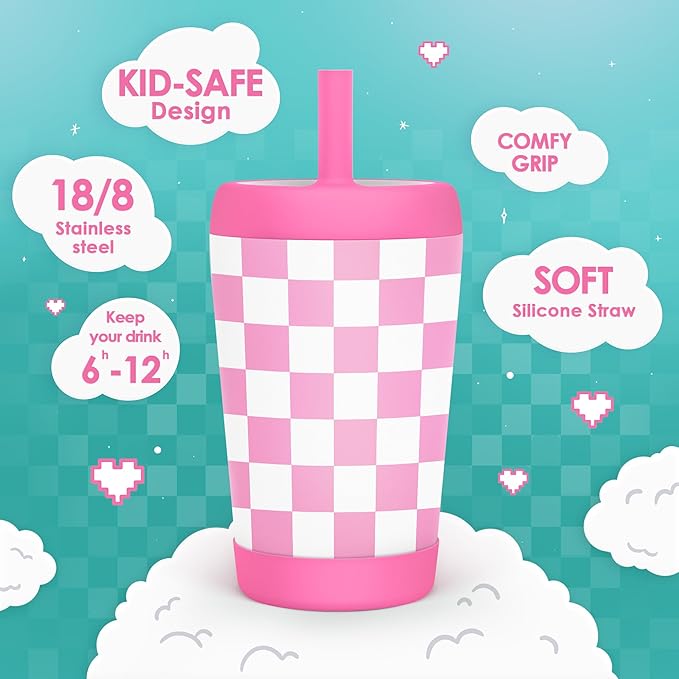Kid Insulated Stainless Steel Tumbler with Silicone Straw, 12oz Sippy Cup for Kids (Pink Checkerboard) - Bloomnest