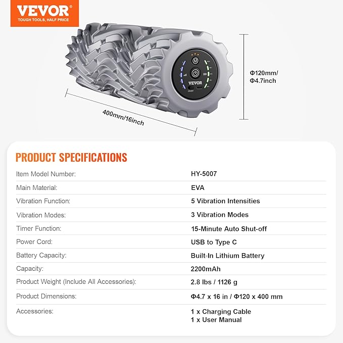VEVOR Vibrating Foam Roller, 5-Speed Electric Massage Roller, 16" Rechargeable Muscle Roller with 3 Vibration Modes, High Density EVA Foam Massager for Deep Tissue, Back Pain Relief, Exercise Recovery - Bloomnest