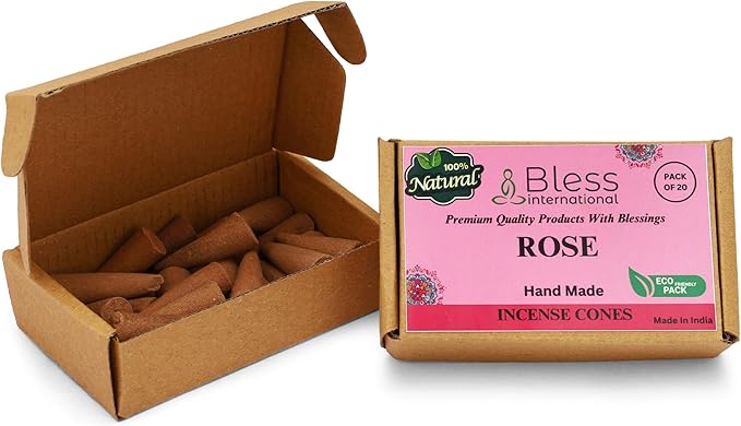 Bless International Rose 100%-Natural-Incense-Cones Handmade-Hand-Dipped Organic-Chemicals-Free for-Purification-Relaxation-Positivity-Yoga-Meditation The-Best-scents (20 Count) BlessInternational