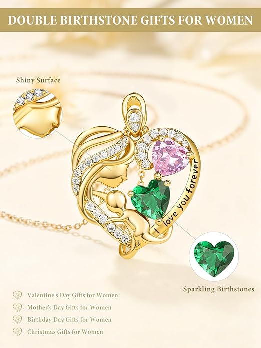14K Gold Double Birthstone Heart Necklace for Women Mom, Mother Son/Daughter Pendant Necklace for Christmas Mother's Day Birthday Gifts for Wife Daughter Grandmom - Bloomnest