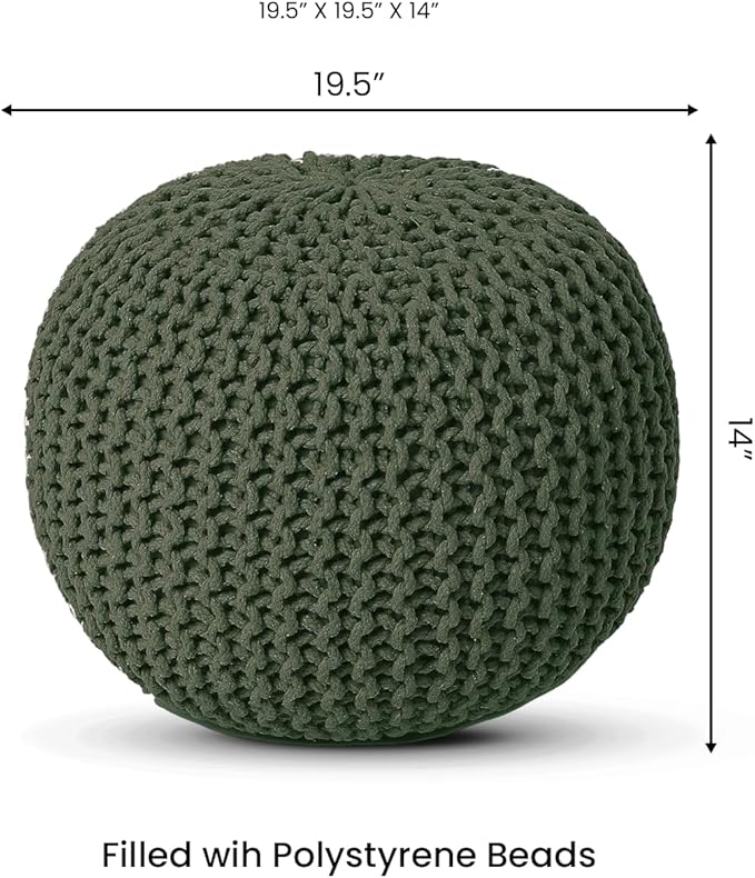 REDEARTH Round Hand Knitted Pouf - Foot Stool Bean Bag Ottoman - Cord Boho Pouffe - Poof Accent Beanbag Footrest for Living Room - Bedroom - Patio - Lounge (19.5"x19.5"x14") - Olive - Bloomnest