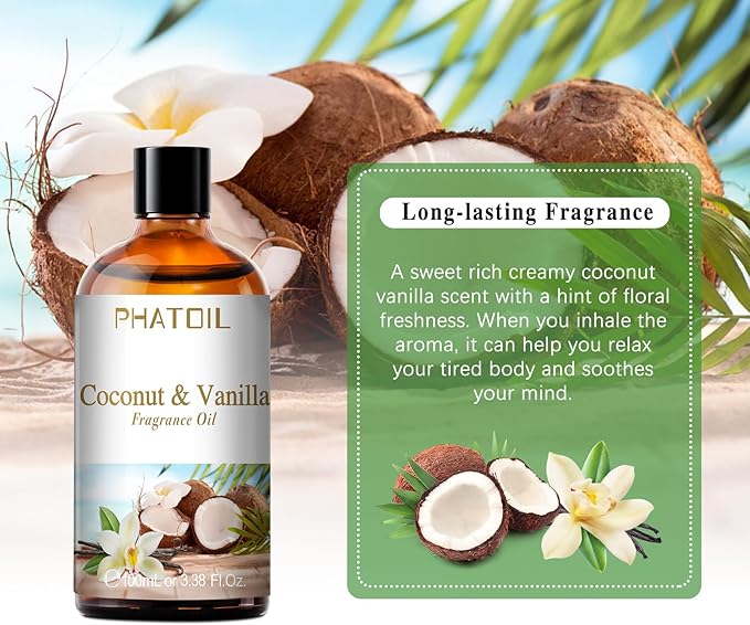 PHATOIL 3.38FL.OZ Coconut & Vanilla Fragrance Oils for Aromatherapy, Essential Oils for Diffusers for Home, Perfect for Diffuser, Yoga, DIY Candle and Soap Making - 100ml - Bloomnest