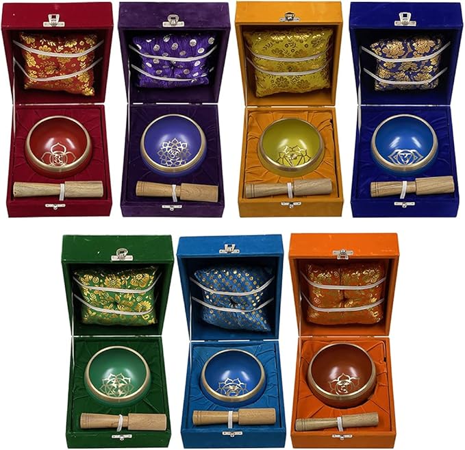 Chakra Singing Bowls Set Cuencos Tibetanos With Cushion Mallet Tulsi Beads Mala Tibetan Prayer Flag For Meditation Mindfulness - Style2 Size Medium TRUMIRI