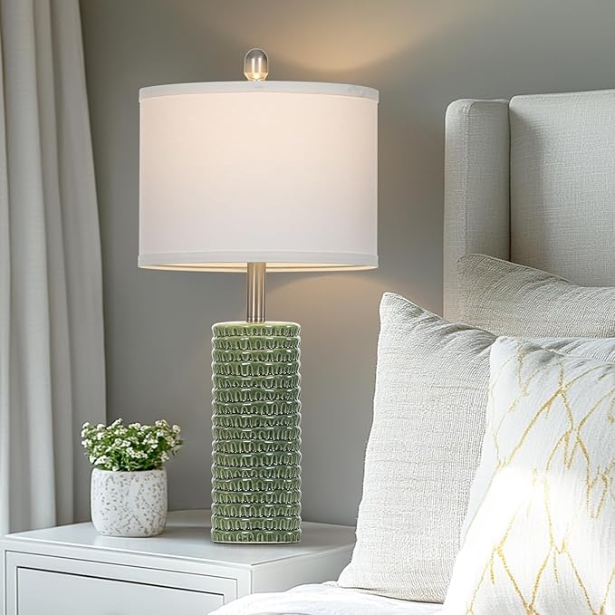 24.5" Green Ceramic Table Lamps Set of 2, Farmhouse Table Lamps for Living Room, Modern Lamps for Bedroom Night Stands, Traditional Nightstand Desk Lamps(LED Bulbs Included) - Bloomnest