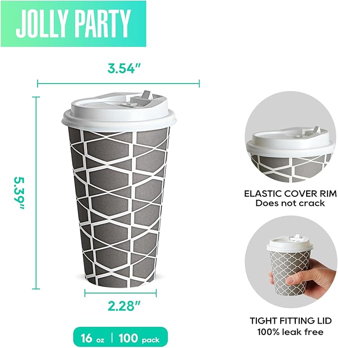 JOLLY PARTY Disposable Coffee Cups with Lids -16 oz (100 Sets) To Go Cups, Paper Coffee Cups for Beverages Espresso Tea, Suitable for Cafes, Offices and Home - Bloomnest