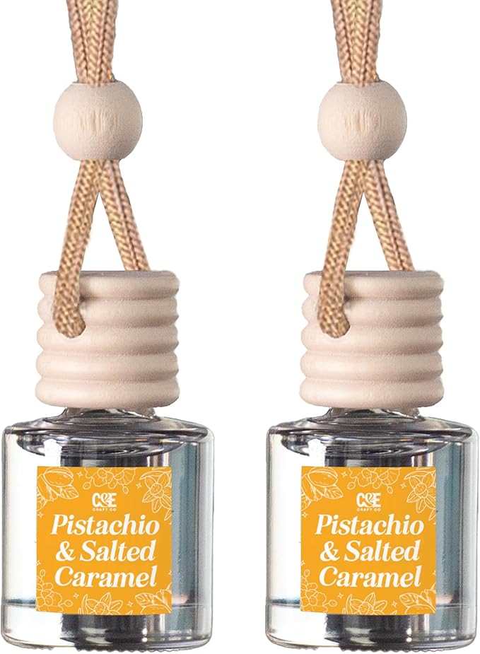C&E Craft Co Hanging Car Air Freshener Diffuser 2 Pack, Long Lasting Fragrance Oil Car Freshener, Glass Bottle Auto Air Freshener, Made in USA (Pistachio & Salted Caramel) - Bloomnest