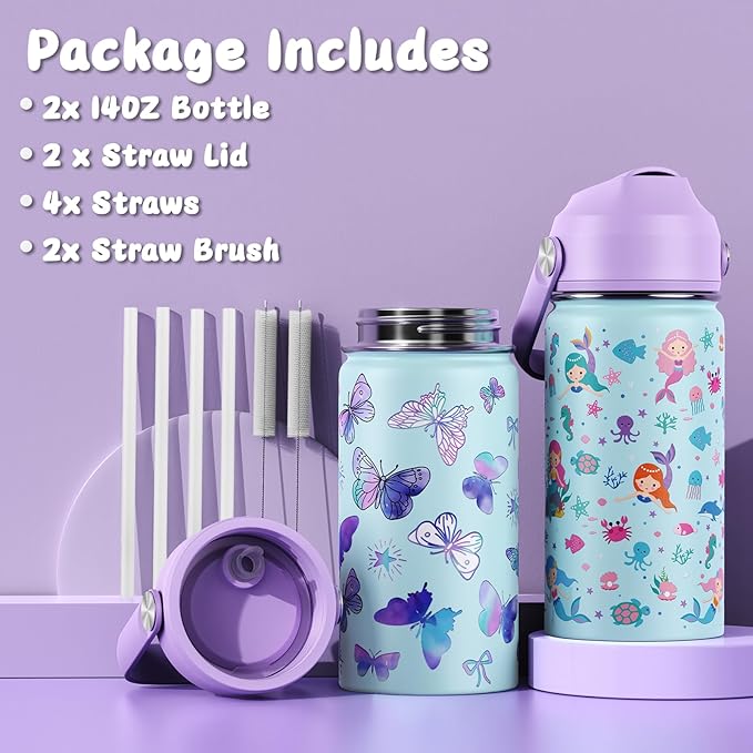 14oz Kids Insulated Water Bottle with Straw Lid - 18/8 Stainless Steel Kid Cup Travel Tumbler Double Wall Vacuum Leak Proof Portable Toddler Water Bottle (Butterfly+Mermaid） - Bloomnest
