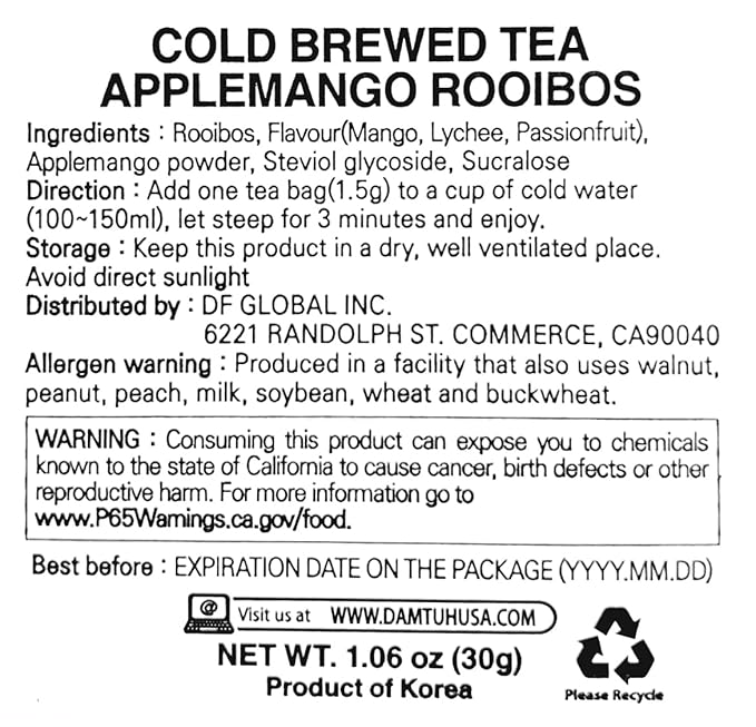 Damtuh Apple Mango Rooibos Cold Brew Tea - Zero Carbs Zero Sugar, Sweet Cold Tea Beverage with Stevia 30g (20 tea bags) - Bloomnest