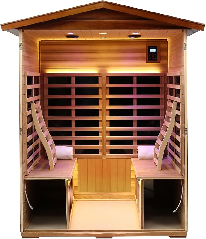Red Cedar 4 Person Outdoor Ultra-Low EMF（0.5mg） Infrared Sauna, Multi-Person Home Sauna spa, 2160w,12 Heating Panels, LCD Control Panel, Bluetooth Speaker, Chromotherapy Lights, Reading lamp KUNSANA