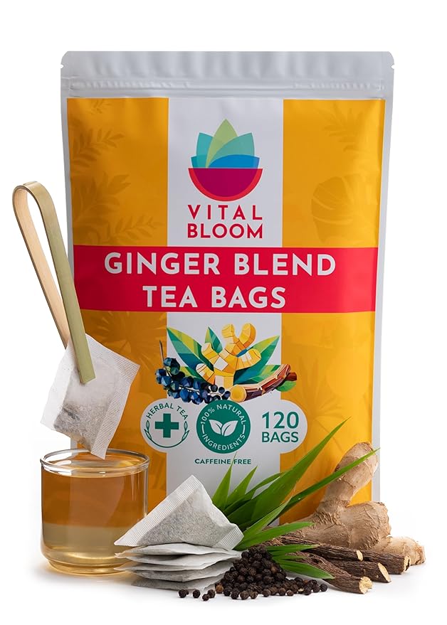 Vital Bloom 120 ct Ginger Tea Bags, Blend With Peppermint, Licorice, Lemongrass and Black Pepper, 100% Natural Ingredients, Bleach Free Tea Bags, Caffeine Free (Free Bamboo Tongs Included) - Bloomnest