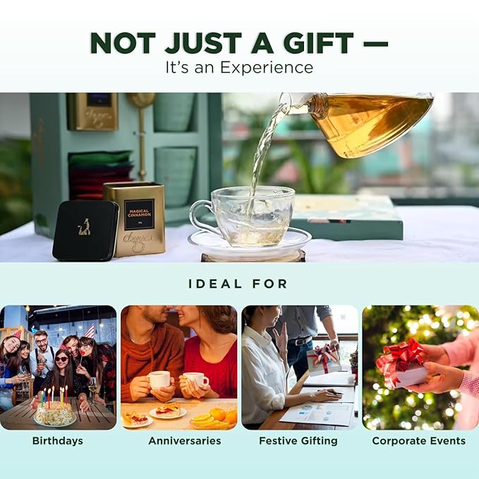 CHAYAM Luxury Tea Gift Set |10 Assorted Tea Bags, Magical Cinnamon 50g, 2 Cups & Brass Strainer | Assorted Gift Box Hamper - Bloomnest