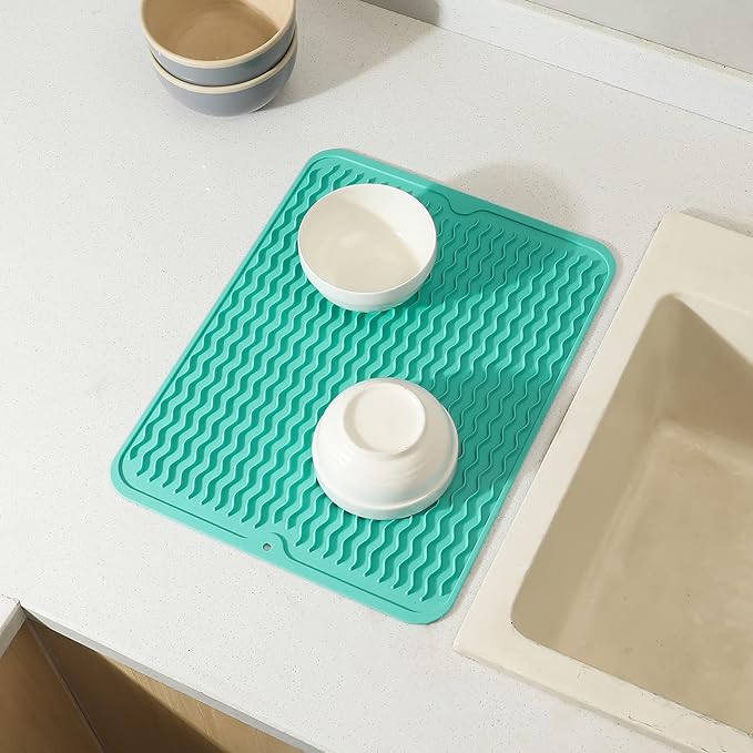 Silicone Dish Drying Mat for Multiple Usage,Easy clean,Eco-friendly,Heat-resistant Silicone Mat for Kitchen Counter or Sink,Refrigerator or drawer liner Mint L 16 inches x 12 inches - Bloomnest