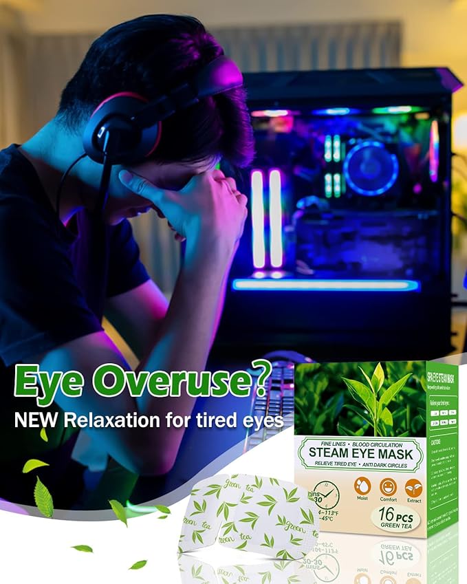 16 Packs Steam Eye Masks for Dry Eyes, Green Tea Warm Eye Mask, Relief Eye Fatigue & Puffy Eyes, Moist Heating Compress for Eyes, Self Heated Eye Mask, Disposable Travel Essentials & Relaxation Sets - Bloomnest