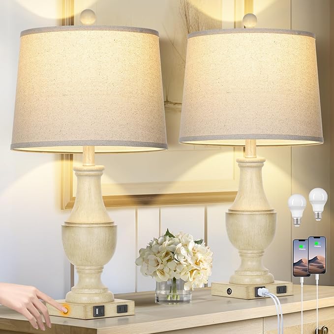 Farmhouse Lamps Set of 2, Vintage Rustic 3-Way Dimmable Touch Control Table Lamp with USB A+C Charging Ports & AC Outlet, Retro Resin Bedside Lamp Linen Shade for Bedroom Office Antique White - Bloomnest