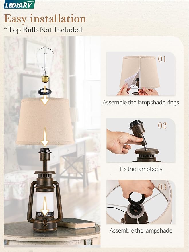 LEDIARY 18.72" LED Vintage Lantern Flickering Flame Table Lamps for Bedrooms Set of 2, Farmhouse Rustic Vintage End Table Lamps, Rustic Retro Bedside Nightstand Desk Lamp for Living Room - Bloomnest