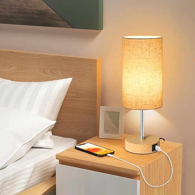 Unicozin Small Table Lamp, 3CCT & 7 RGB Color Changing, Dimmable Nightstand Lamp with Wood Grain Base, Touch Bedsides Lamp for Bedroom, Office, Kids Room, Nursery, Party, Beige Shade - Bloomnest