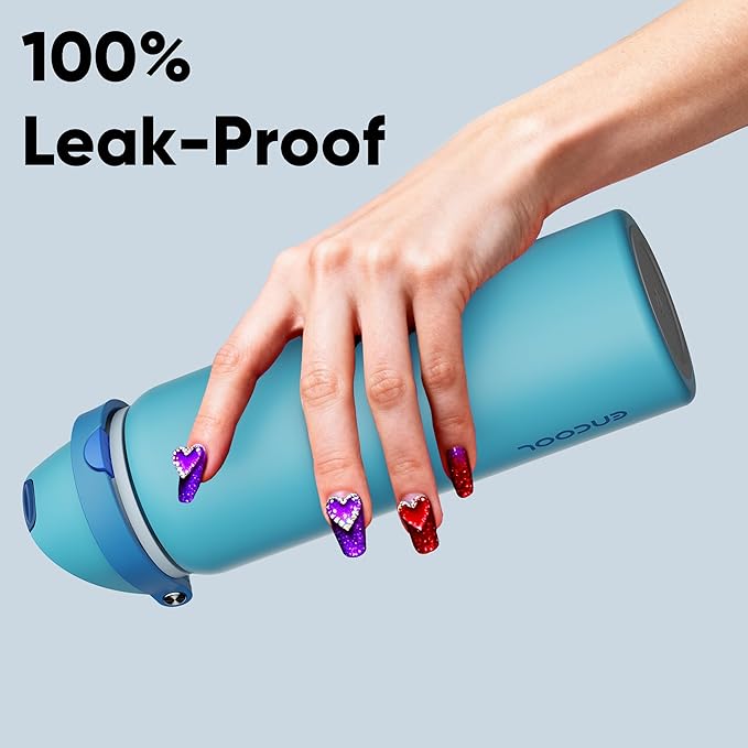 Insulated Water Bottle with Straw - Encool Stainless Steel Water Bottle with Push Button Lid, Leak-Proof & BPA-Free, Keeps Cold for 24 Hours for Sports, Travel, Gym (32 oz, Silk Blue) ENCOOL