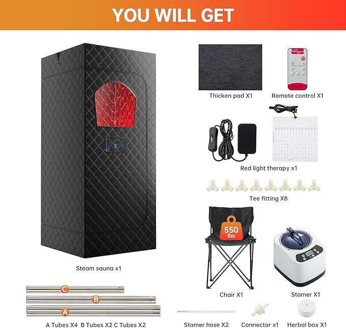 Infrared Sauna Box, Portable Sauna with 660nm Red Light Therapy & 850nm,5-Layer Waterproof, 3L 1300W Steamer,Folding Chair,for Home Sauna Spa Personal Saunas Tent Indoor Outdoor Bloomnest