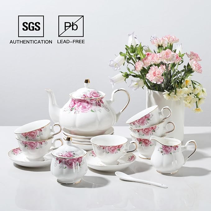 Sweejar Ceramic Teapot with Infuser, Floral Relief Gold Rimmed Teapot, 29 OZ Porcelain Tea Pot for Blooming and Loose Tea, Coffee...(Flower) - Bloomnest