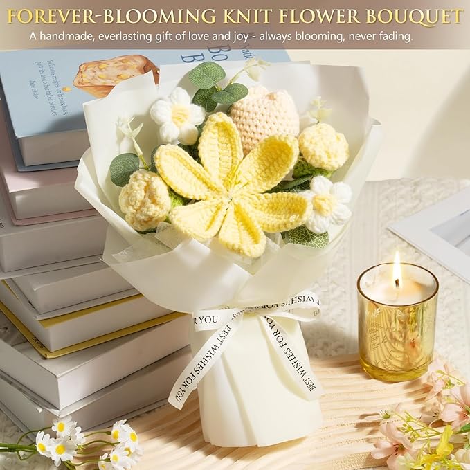 Valentine's Day Birthday Gifts for Women Self Care Package Get Well Soon Gift Baskets, Thinking of You Sympathy Spa Gift Set w/ Crochet Flower Bouquet, Unique Gifts for Women Her Wife Girlfriend Mom