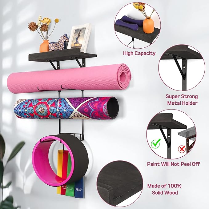 Bikoney Yoga Mat Holder Wall Mount Yoga Mat Storage Home Gym Accessories with Wood Floating Shelves and 4 Hooks for Hanging Foam Roller and Resistance Bands at Fitness Class or Home Gym Vintage Black