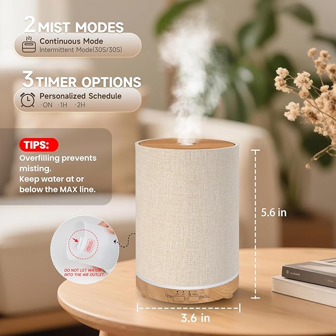 URPOWER 100ML Essential Oil Diffusers for Home with Linen Cover 7 Color Changing Lights, Timer & Auto-Off Scent Diffuser Oil Machine Humidifier Aromatherapy Air Diffusers for Bedroom, Office - Bloomnest