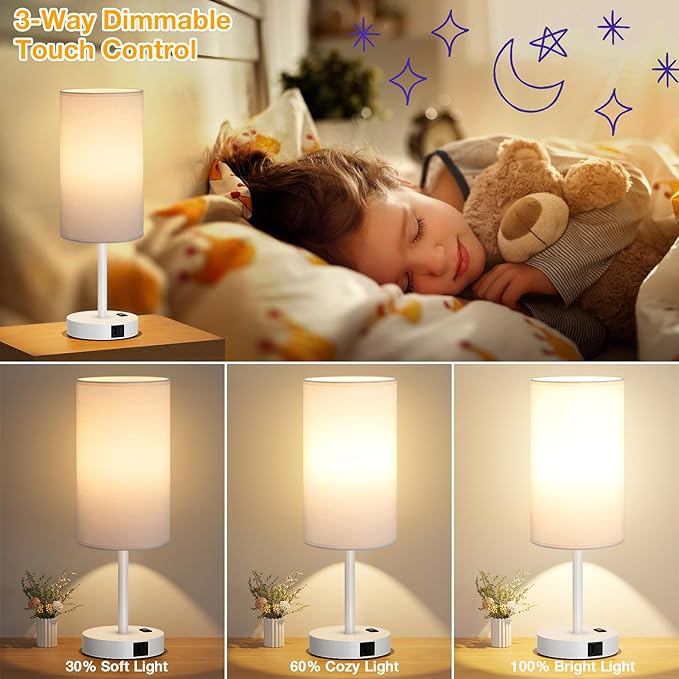 Dicoool Touch Bedside Table Lamp with USB - 3 Way Dimmable White Lamp for Bedroom Nightstand, Desk Lamp with Charging Station for Dorm, Office, Kids Room, Living Room - Bloomnest
