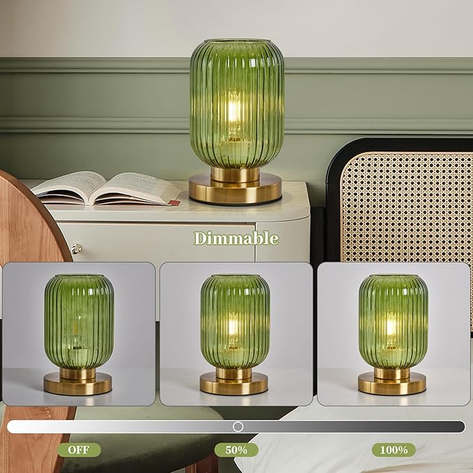 Glass Table Lamps Mid Century Modern Globe, Dimmable Green Table Lamp for Nightstand, Small Gold Table Lamp, Green Pumpkin Design Ribbed Glass Vintage Bedside Lamp for Bedroom Living Room Office - Bloomnest