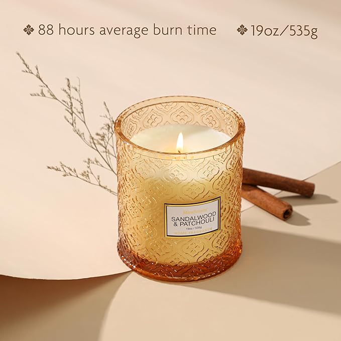 Sandalwood & Patchouli Scented Candles, 19oz Luxury Gifts for Women, Orange Decorative Glass Candles, Natural Soy Wax for Home Fragrance - Bloomnest
