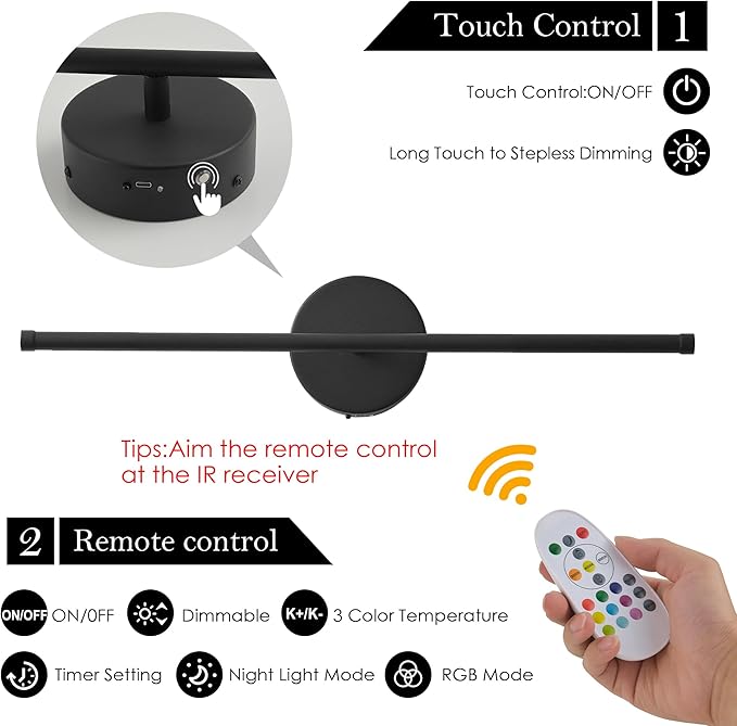 Battery Operated Wall Sconces Set of Two, with Remote Control, Dimmable, Warm White/Natural White/Daylight/RGB, 350°Rotate, LED Black Wireless Wall Light for Living Room, Bedroom, 20.4 Inch - Bloomnest