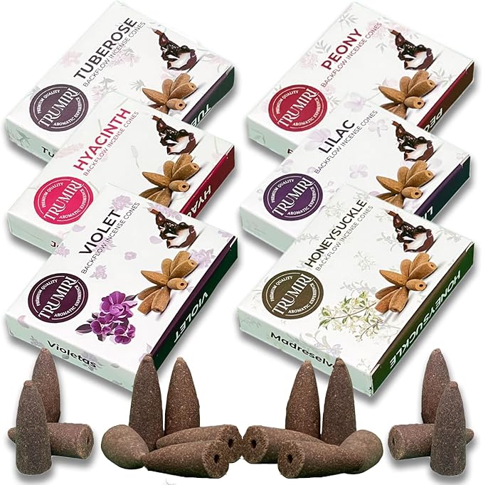 Blossom - Backflow Incense Cones for Waterfall - Scented Inscents-Cones - Peony, Lilac, Hyacinth, Tuberose, Honeysuckle, Violet - Insiensos Aromaticos - 6x10=60 Large Variety Pack TRUMIRI