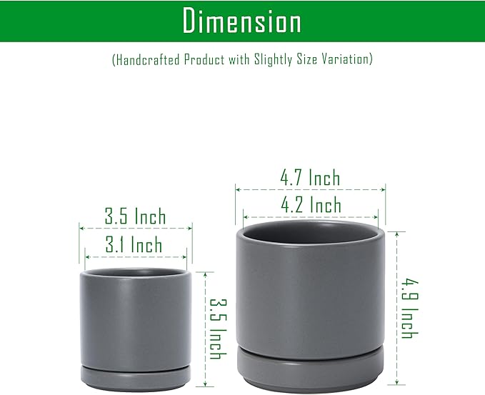 D'vine Dev 3.5 Inch & 4.7 Inch Ceramic Planter Pots for Plants with Drainage Hole and Saucer, X-Small Plant Pots Set, Speckled Grey, 94-G-XS-3 - Bloomnest