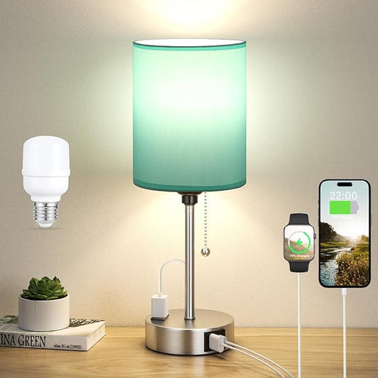 Teal Bedside Lamp for Nightstand - 3 Color Temperature Table Lamp with USB C and A Ports, Pull Chain Lamp for Bedroom with AC Outlet, Coastal Desk Lamp with Silver Metal Base for Kids Girls - Bloomnest