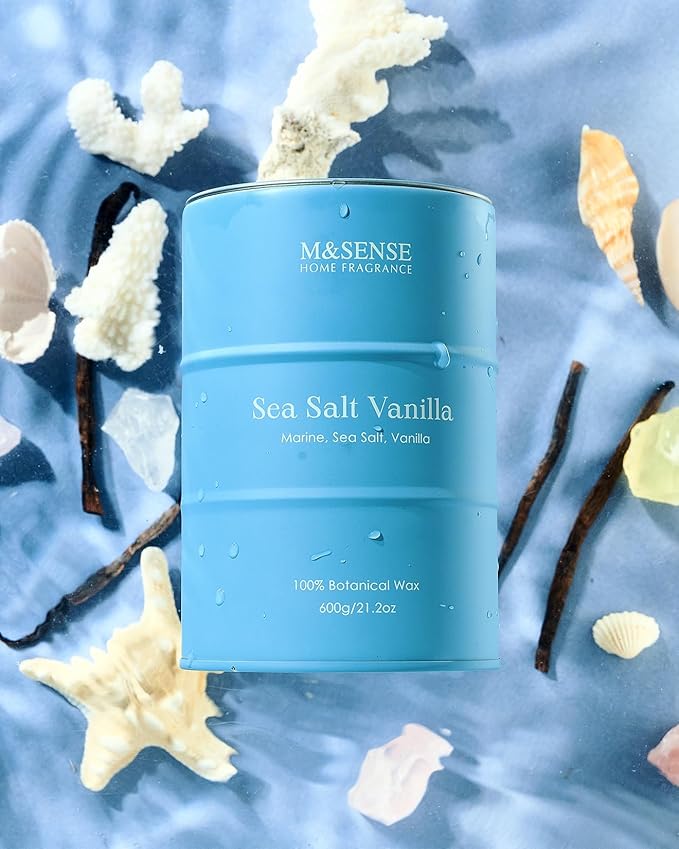 M&SENSE Sea Salt Vanilla Scented Candles Large Beach Candle, Natural Soy Summer Candles 21.2oz 120 Hour Slow Burning,Aromatherapy Candle for Stress Relief Meditation Relaxing - Bloomnest