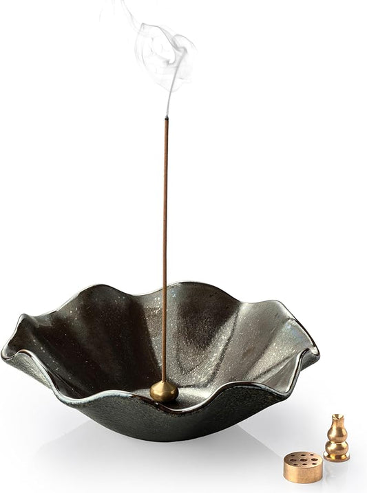 6 Inch Incense Holder with 3 Copper Incense Sockets Lotus Incense Holder for Sticks Modern Insence-Stick Holder for Meditation, Yoga, SPA, Home Decor, Black