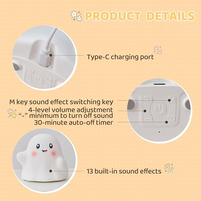Ghost Night Light for Kids – Gift & Fun Toy for Kids, Touch Tap Lamp with Sounds, Squishy Silicone, Eye-Safe LED, 30-Min Timer, Dimmable Rechargeable Bedside Table Lamp – Gift for Boys & Girls - Bloomnest