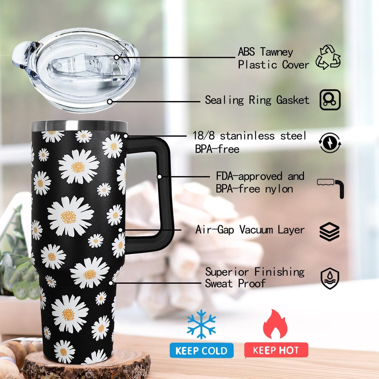 Ceovfoi 40 Oz Daisy Tumbler With Handle,Daisy Coffee Travel Mug Cup Water Bottle,Daisy Decor,Daisy Gifts for Women