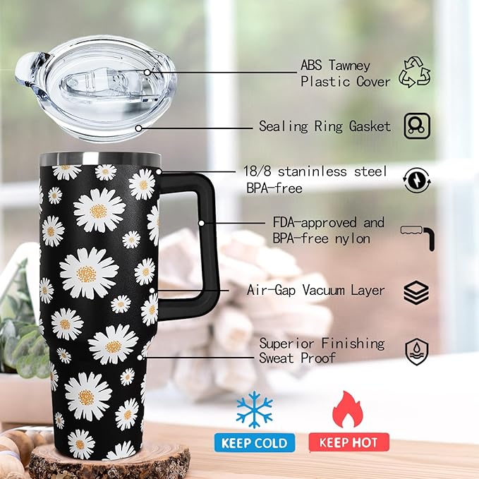 Ceovfoi 40 Oz Daisy Tumbler With Handle,Daisy Coffee Travel Mug Cup Water Bottle,Daisy Decor,Daisy Gifts for Women - Bloomnest