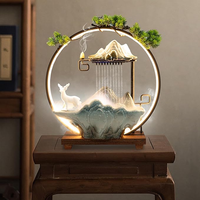 Fountain Waterfall Tabletop with Automatic Pump & LED Light Ceramic Tabletop Water Fountain Indoor Zen Relaxation for Home Office Decor - Bloomnest