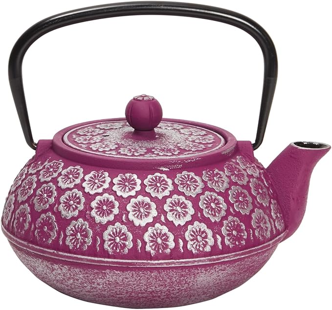Purple Floral Cast Iron Teapot Kettle with Stainless Steel Loose Leaf Infuser (34 oz) - Cast Iron Tea Kettle - Tea Infuser Pot