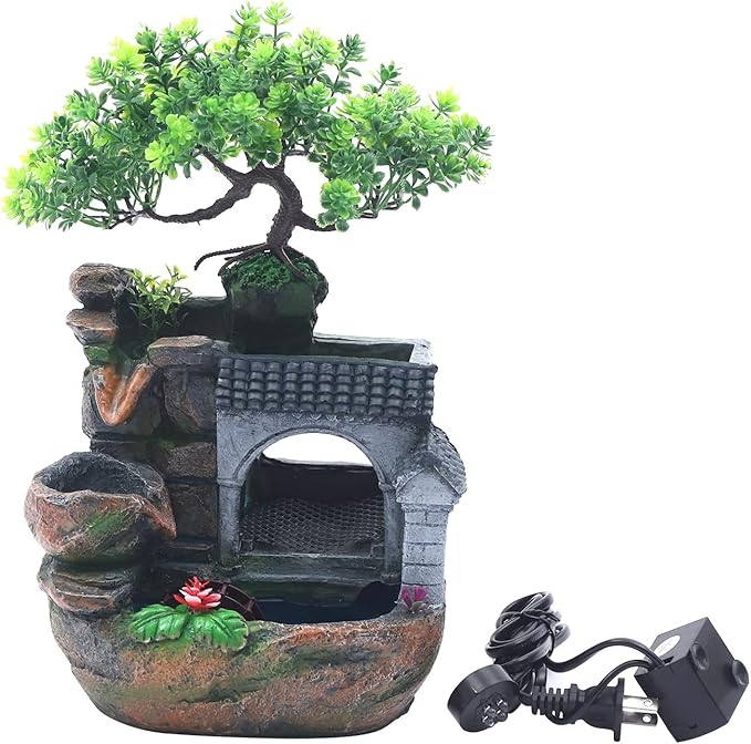 Water Fountains Indoor Tabletop Fountains Rock Fountain with Lights & Plants, Indoor Waterfall Fountain Desk Fountain Desktop Fountain for Indoor Outdoor Office Home