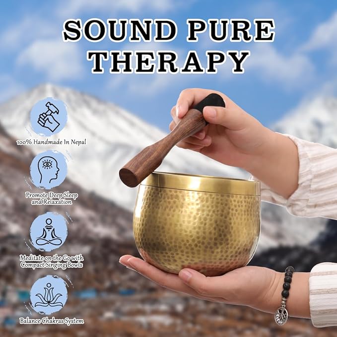 Tibetan Singing Bowls Set-Hand-hammered in Nepal Sound Bowl for Meditation, Yoga, Chakra, Meditation Accessories, Unique Gifts for Women, Men (Blue, 5 inch) - Bloomnest