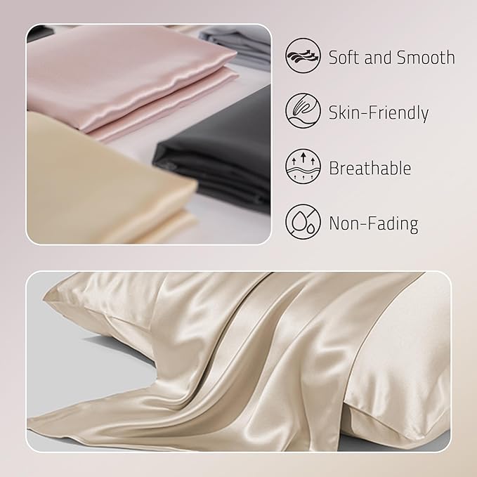 Mulberry Silk Pillow Cases Set of 2, Both Sides Real Silk Pillowcase for Hair and Skin Prevent Acne Pillowcase Organic Silk Pillow Cases 2 Pack with Hidden Zipper, Beige, Standard (20"×26") - Bloomnest