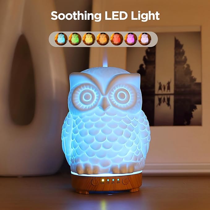 Owl Ceramic Aromatherapy Diffuser INRORANS 160ml Stone ultrasonic Cool Mist Scent Essential Oil Diffuser Humidifier with Intermittent Mist & LED 7 Colors Changing Night Light for Bedroom Office Home - Bloomnest