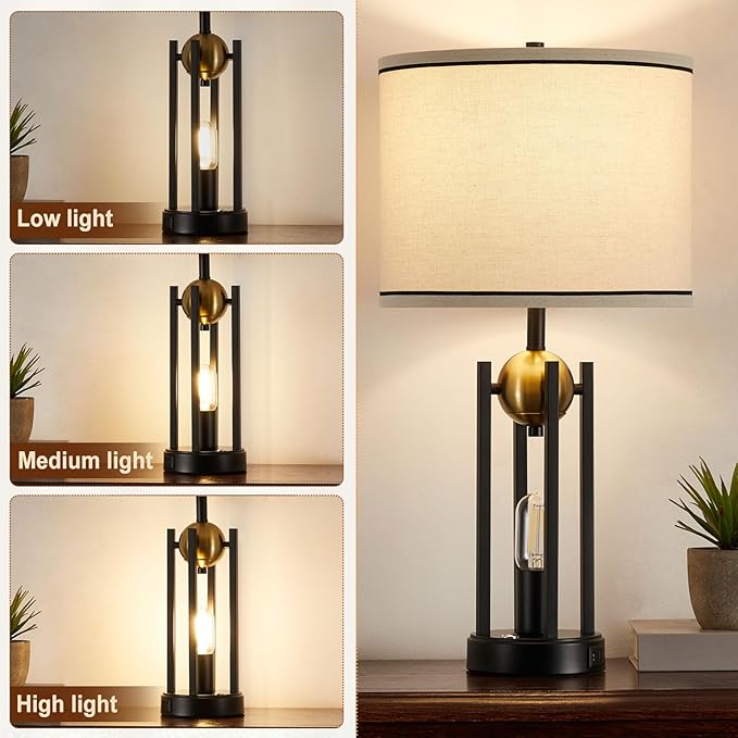 25'' Farmhouse Table Lamps for Living Room Set of 2 with USB C+A Ports, Vintage Bedside Lamp for Bedroom, Touch Lamps for Nightstand, Dual Lights Independent Switch, 4 Bulbs Included, Gold - Bloomnest