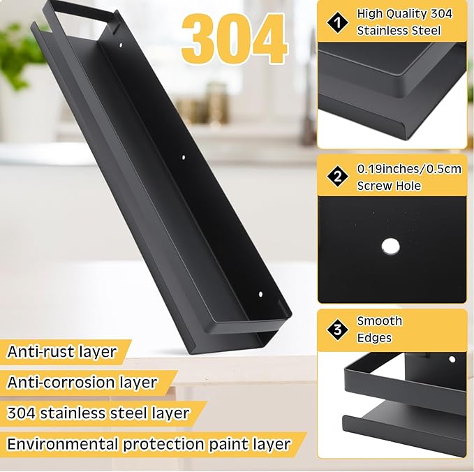 Lallisa 2 Pieces Stainless Steel Shelf Bathroom Shower Floating Shelves Wall Mounted Shower Caddy Basket Shelf Storage Organizer Shelves for Bathroom, Kitchen, Living Room(19.69 Inches/ 50 cm,Black) - Bloomnest