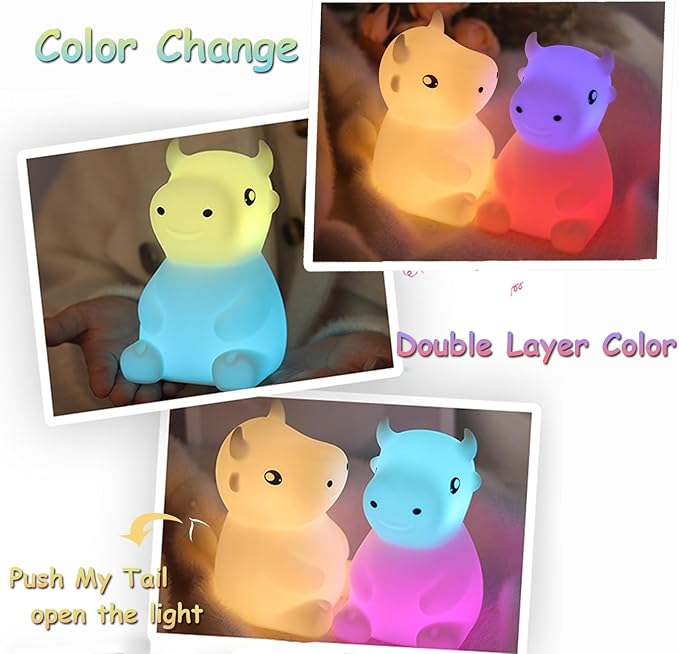 Night Light for Kids, Cute Night Lamp Bedroom Cow Nightlight for Baby Girl Boy Teem, Battery Powered Silicone Animal Night Lamp Christmas Birthday Gifts - Bloomnest