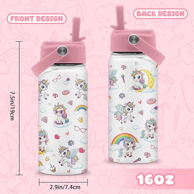 Unicorn Water Bottle, 16oz Unicorn Girls Stainless Steel Insulated Water Bottle with Straw Lid, Unicorns Cup Tumbler Birthday Gifts for Kids Teen Girls School - Bloomnest