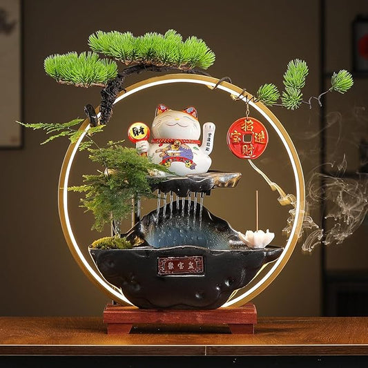Desk Waterfall Fountain Indoor with Chinese Ceramic Lucky Cat Waving Arm Figurine,Tabletop Mini Water Fountain Decoration with Mist，Adjustable LED Light Ring and Backflow Incense Burner Holder - Bloomnest